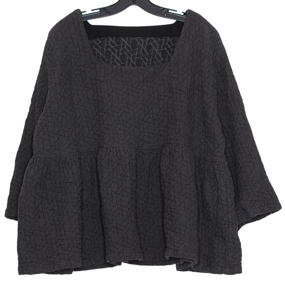 Crinkle Gauze Peplum Top Cottagecore Boho Oversized Lagenlook 3/4 Sleeve Gray S